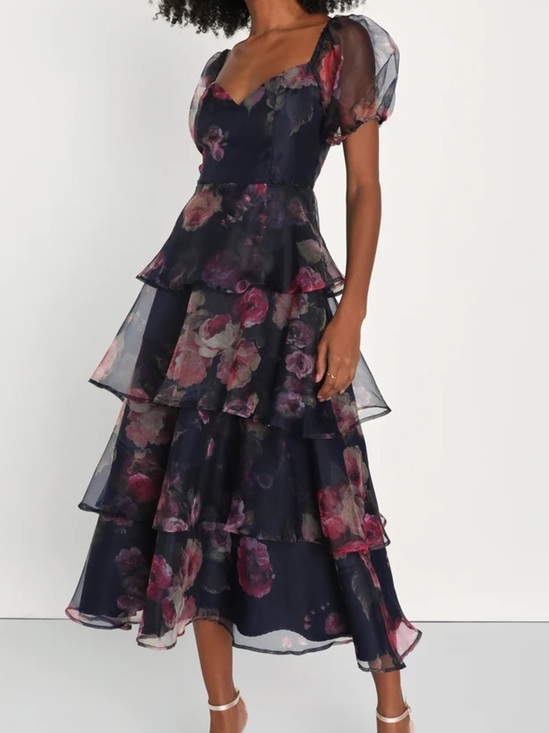 Lulus Dresses & Skirts - Lulus Navy Floral Organza Tiered Midi Dress Puff Sleeve Size XS NWT
